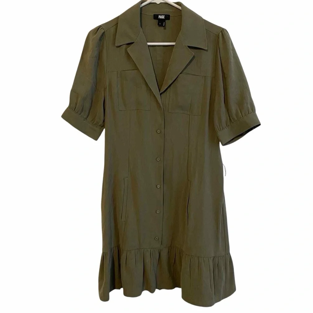 PAIGE Olive Green Ruffle Hem Earthy collared Dress Utility Minimalist Large - Picture 3 of 10